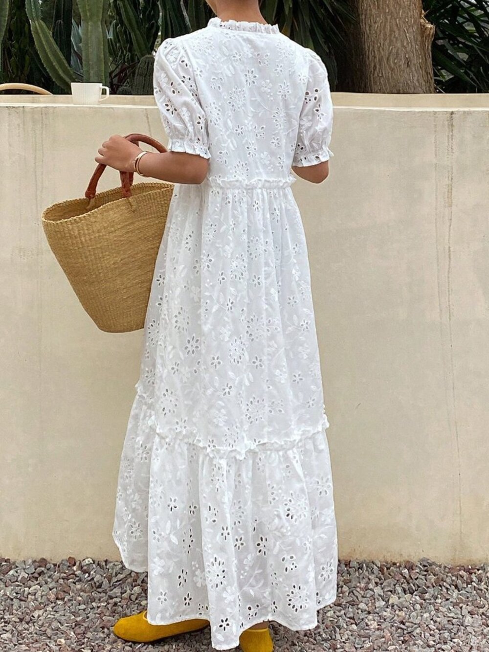 Ivory White Boho Women's Hollow Out Frill Trim Tie Waist Long Puff Sleeve Dress - Picture 2 of 7